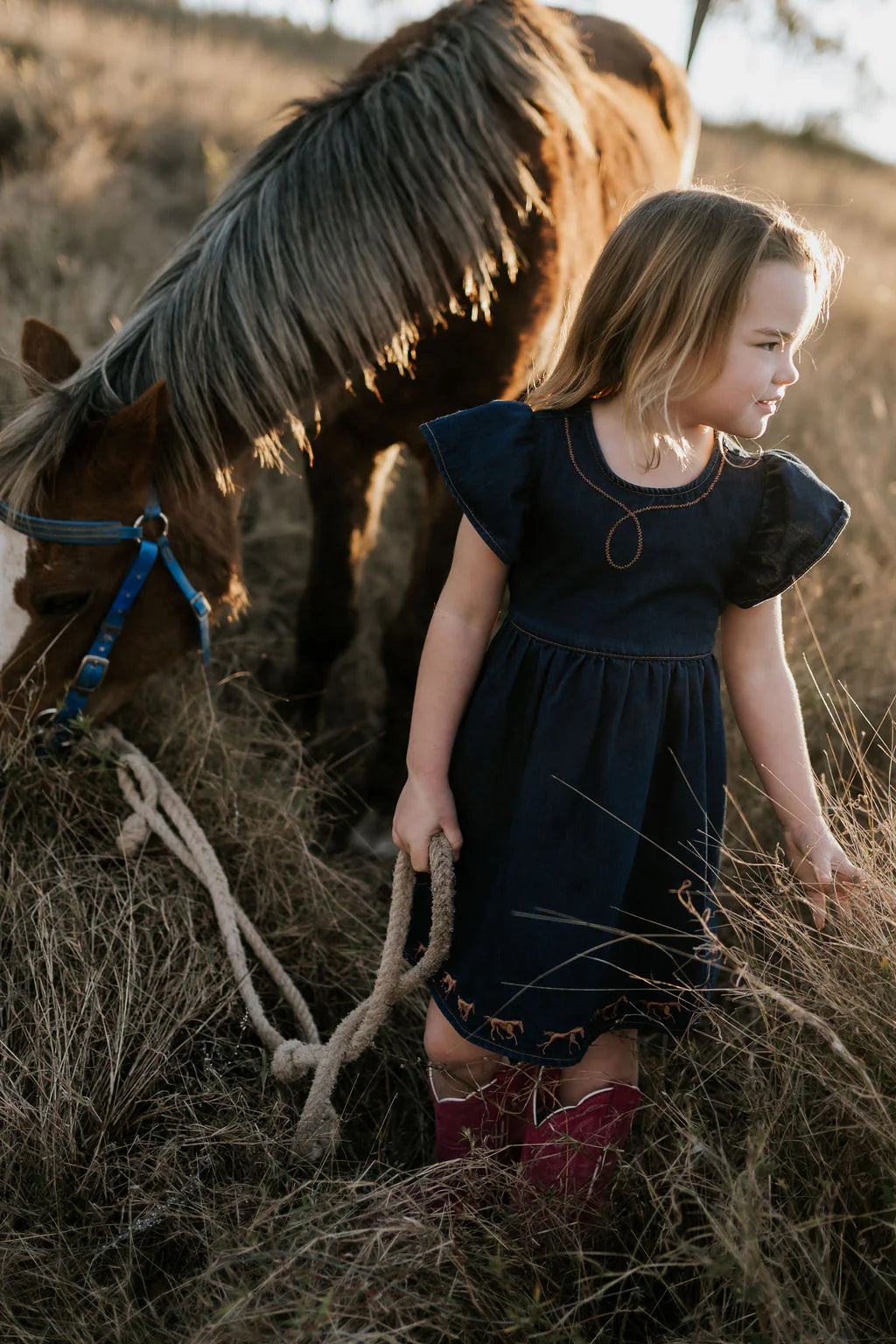 Little Windmill Girl's Dekota Dark Horse Denim Dress. Young girl in a dark dress standing next to a horse in a field