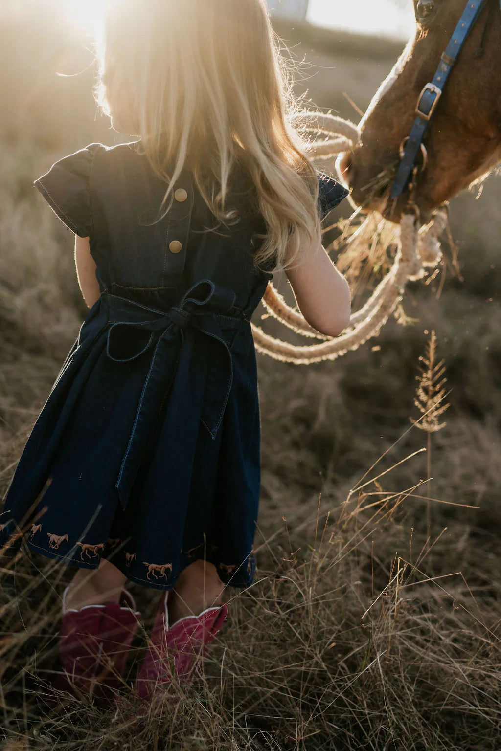 Little Windmill Girl's Dekota Dark Horse Denim Dress. Child in a blue dress standing next to a horse in a field with sunlight filtering through.