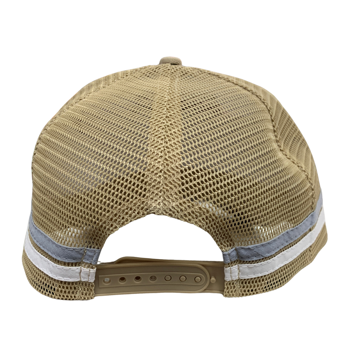 Back view of a tan mesh trucker cap with a gray and white reflective stripe around the lower brim and an adjustable tan plastic snap closure.