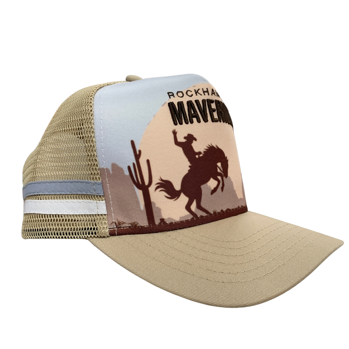 A trucker-style cap with a tan mesh back, beige brim, and a front panel graphic featuring a cowboy silhouette, cactus, and the words 'ROCKY MAVERICK'.