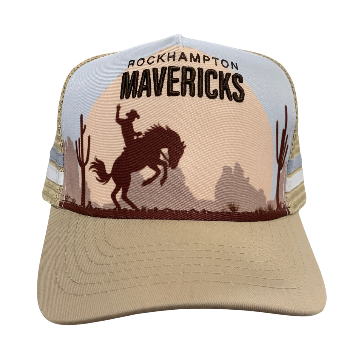 A trucker-style baseball cap featuring a desert western scene graphic on the front panel with the text 'ROCKHAMPTON MAVERICKS' and a silhouette of a cowboy riding a bucking horse. The front panel is light blue, the brim is beige, and the mesh side panels are beige with a thin blue stripe.