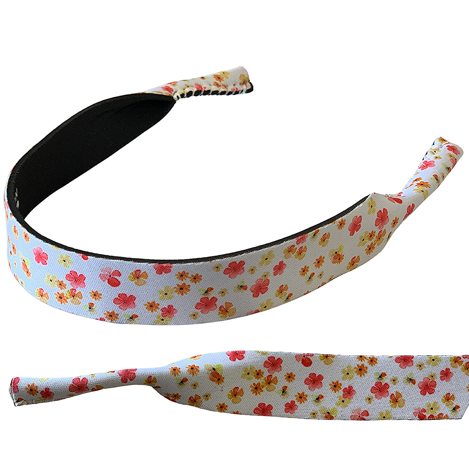 Rocky Mavericks Ditsy Floral Sunglasses Strap. A ditsy floral sunglasses strap with a mix of flowers in white, red, and yellow colors on a light background.