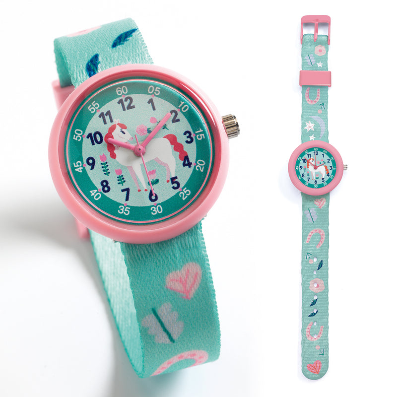 Kaleidoscope Horse Watch. Children's watch with a turquoise strap and pink accents on a white background