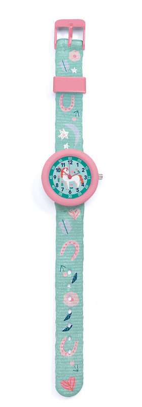 Kaleidoscope Horse Watch. Children's watch with a turquoise strap and pink accents on a white background