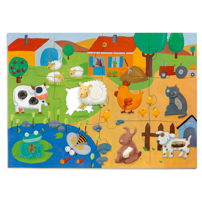 Kaleidoscope Tactile Farm 20pc Giant Puzzle. Children's farm-themed puzzle with various animals and a house on a colorful background