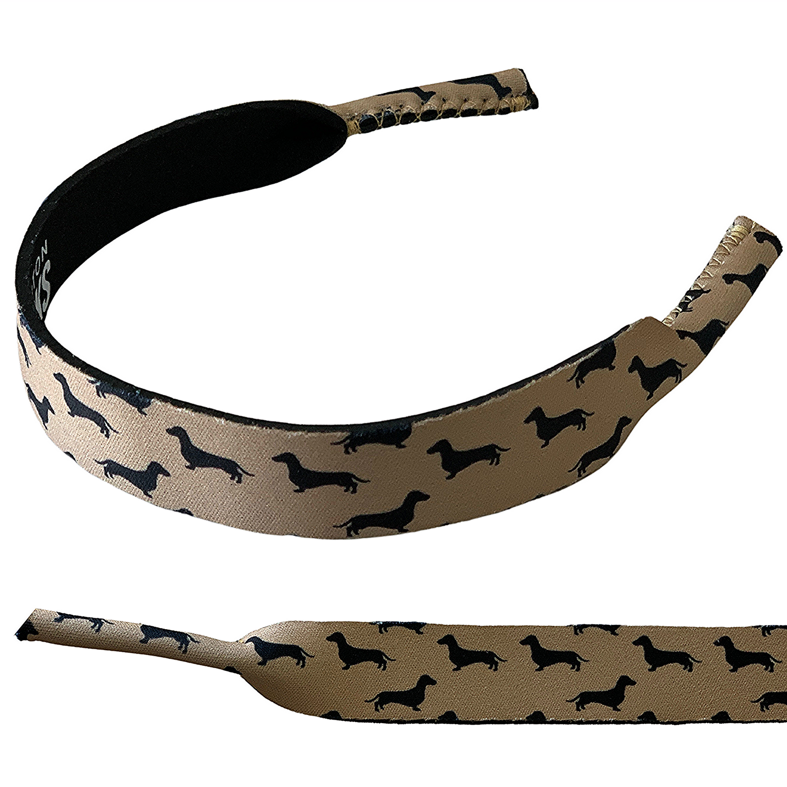 Rocky Mavericks Doxie Love Sunglasses Strap. A beige sunglasses strap with black floral vine design, displayed in a looped format.