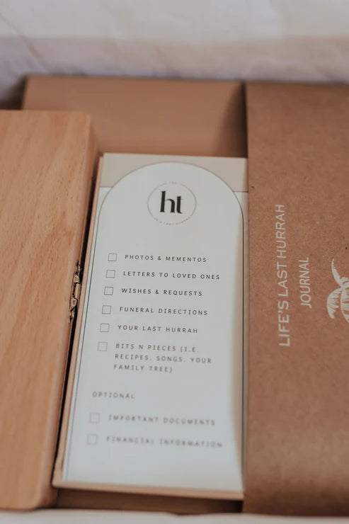 Here And Then Box - Natural. Life's Last Hurrah journal with checklist and brand logo on a cardboard box.