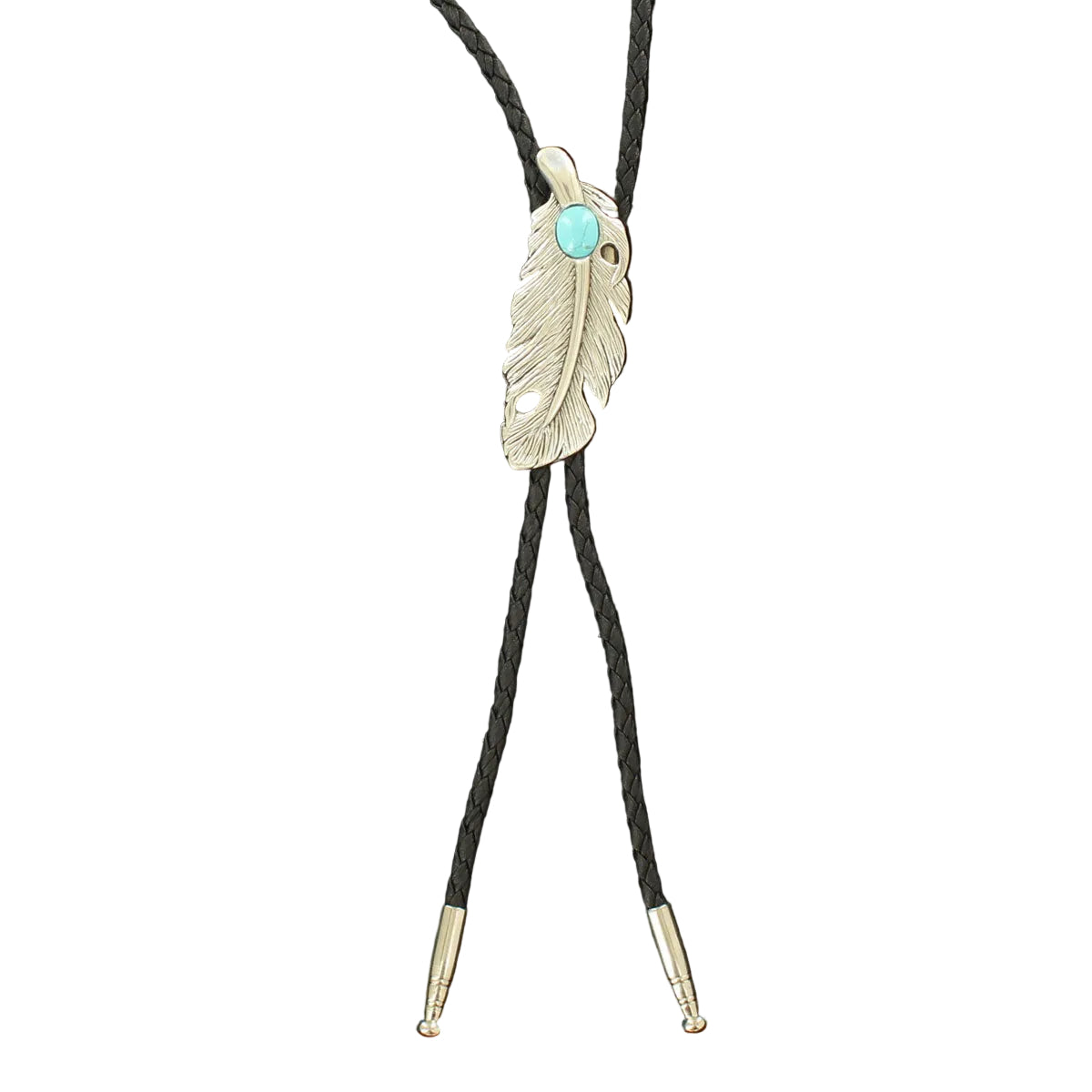 Bolo tie with feather design and turquoise stone on black background
