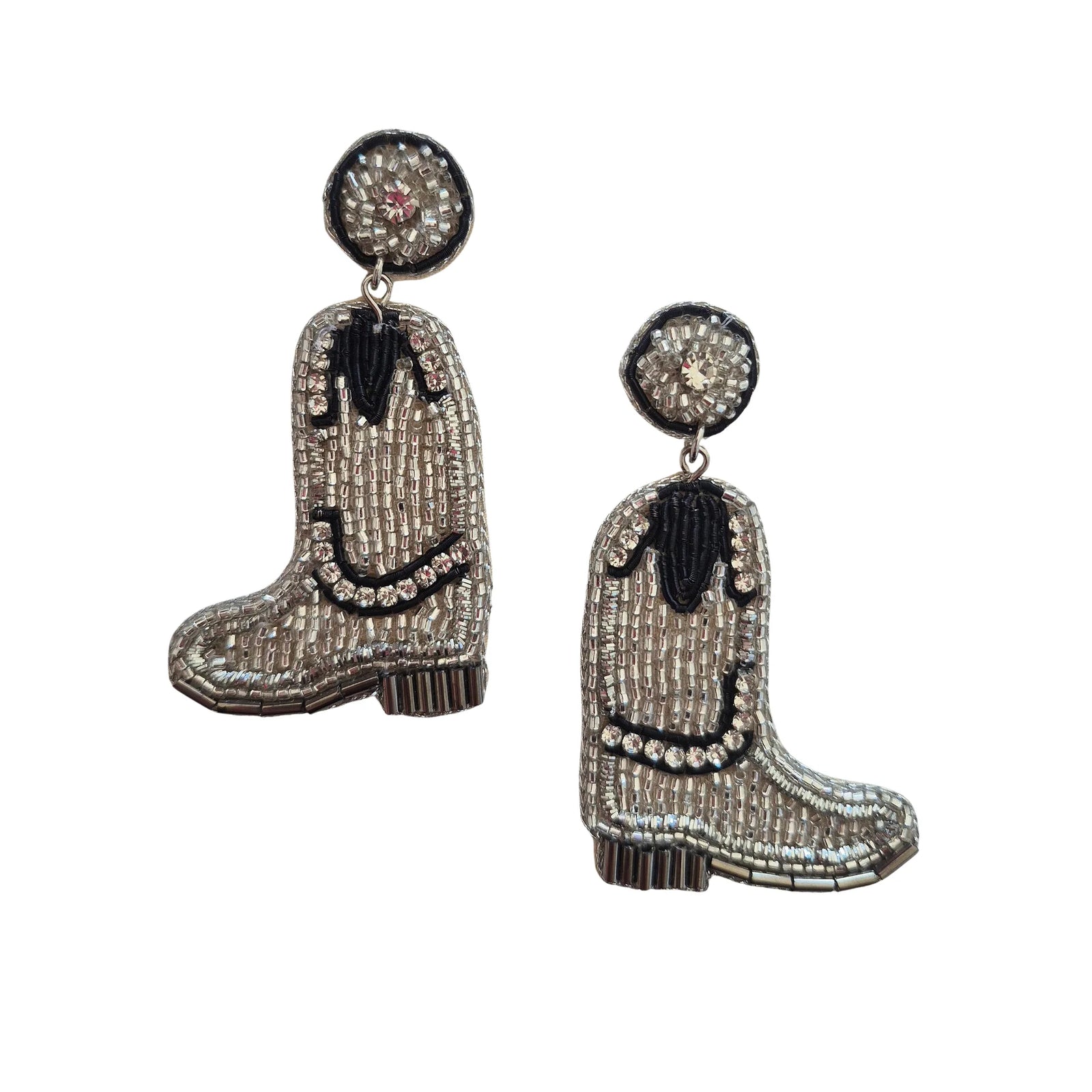 Cowboy boot earrings with beaded design on a white background