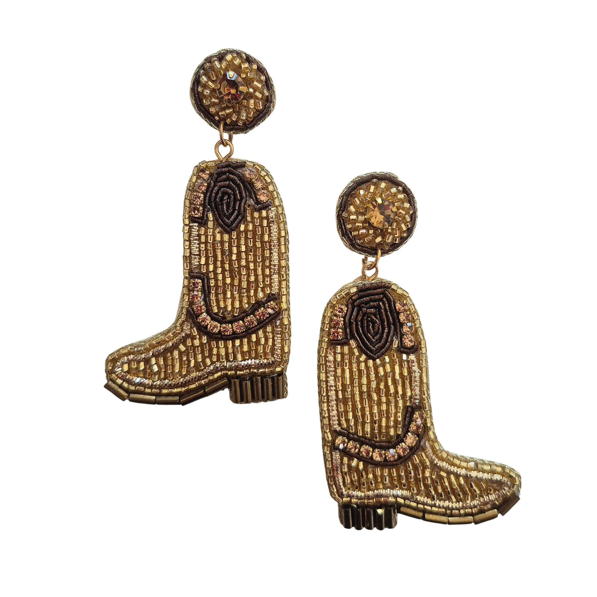 Cowboy boot-shaped earrings on a light gray background