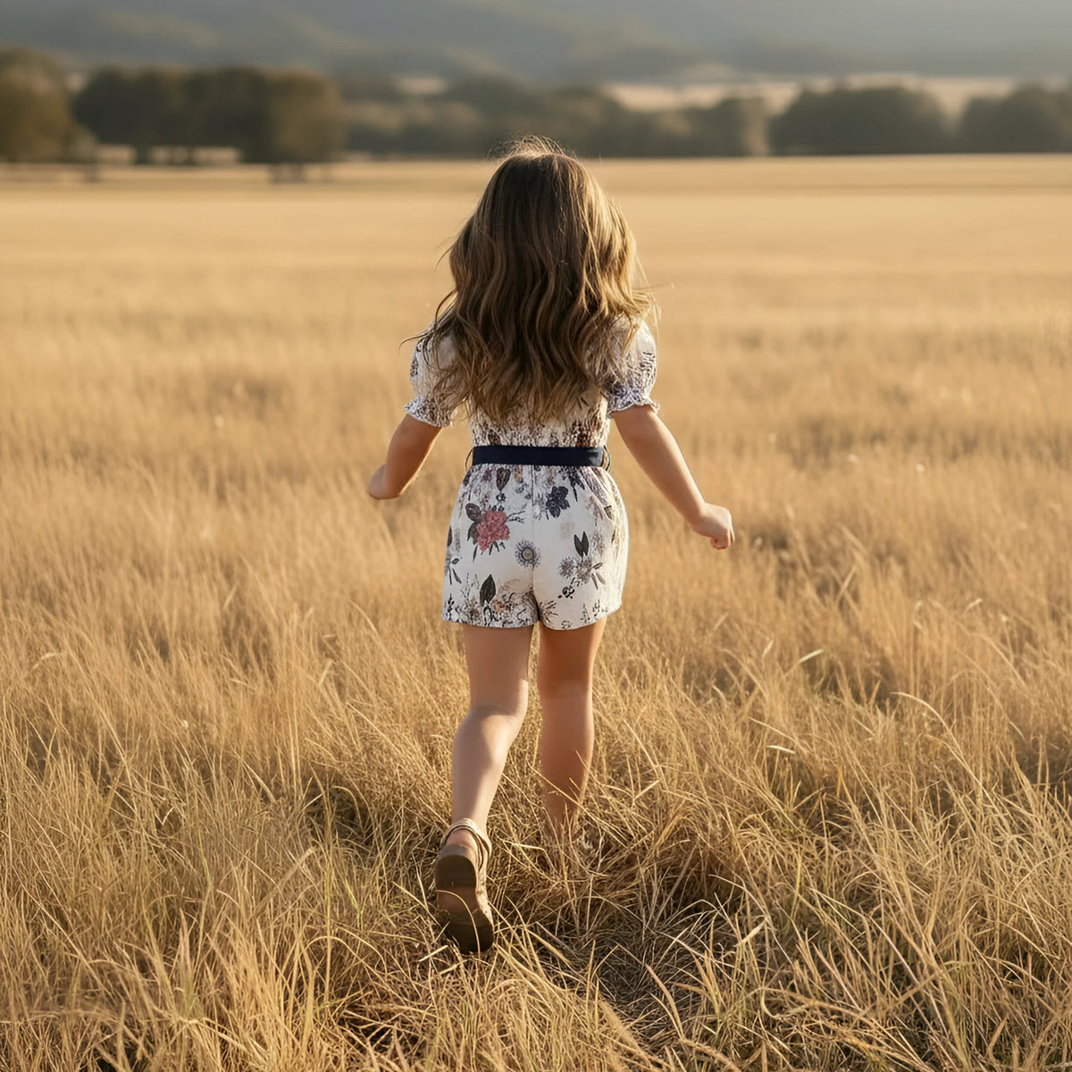 A young girl with long wavy brown hair is seen from behind, walking barefoot through a dry golden field. She is wearing a white short-sleeve romper with a colorful floral print and a dark waist belt.