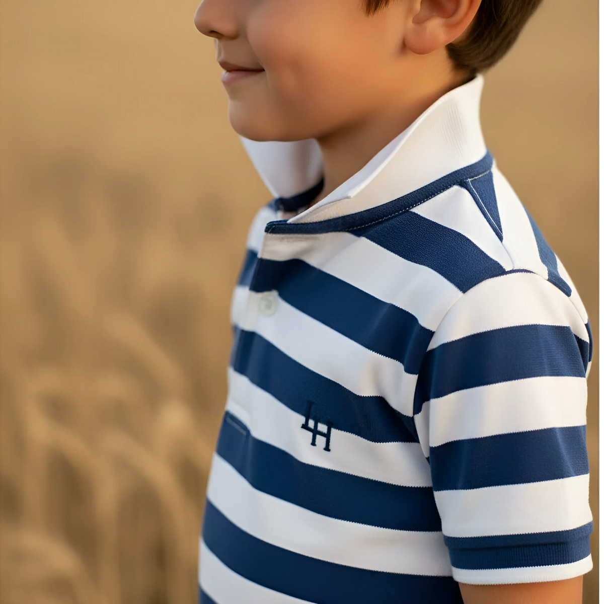 Child wearing a blue and white striped polo shirt with a blurred natural background