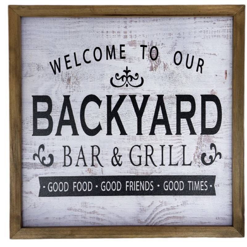 Decorative sign with 'Welcome to our Backyard Bar & Grill' text on a white background with wooden frame.