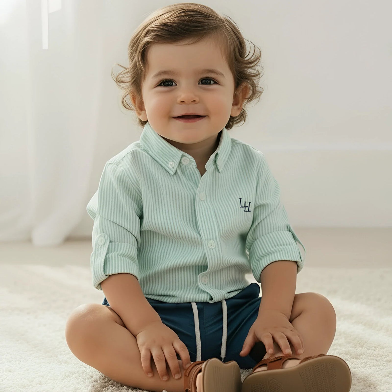 Child wearing a light green shirt with a logo, sitting on a white carpet.