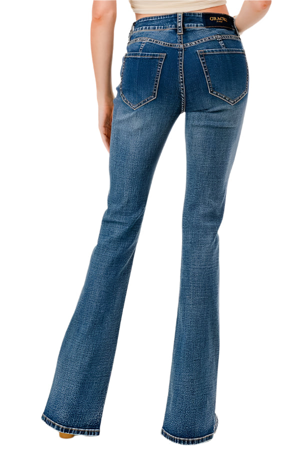 Grace In LA Women's Flare Jeans with Slit. Blue flared jeans with a white background
