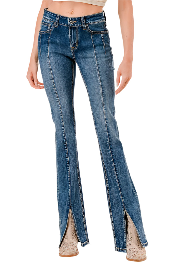 Grace In LA Women's Flare Jeans with Slit. Blue flared jeans with a white background