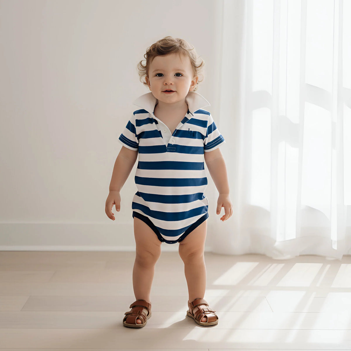 A toddler stands indoors wearing a short-sleeve polo-style one-piece with navy and white horizontal stripes, a white collar, and brown sandals. The room has a light neutral wall, pale wood floor, and sheer white curtains with bright natural light.
