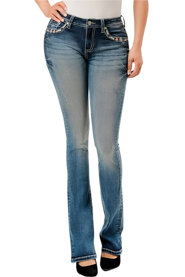 Grace In LA Women's Aztec Colourful Jean. Blue jeans worn by a person on a white background