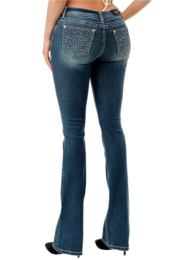 Grace In LA Women's Flu De Lee 3D Jeans. Blue jeans with decorative stitching on a white background 