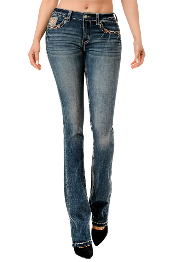 Grace In LA Women's Embroidered Scene Pocket Jean. Blue jeans worn by a person on a white background