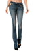 Grace In LA Women's Embroidered Scene Pocket Jean. Flared jeans with floral pocket designs on a white background