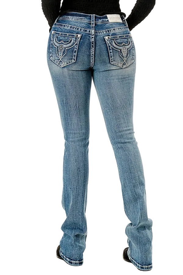 Grace in LA jean is a women's mid-rise, bootcut style with distinctive geo print embroidery on the back pockets.