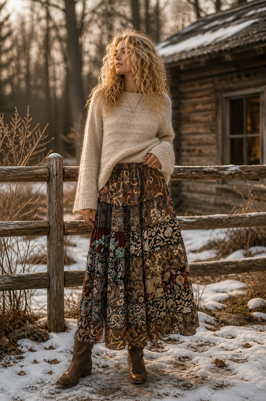 Woman standing in a snowy landscape with a wooden cabin in the background