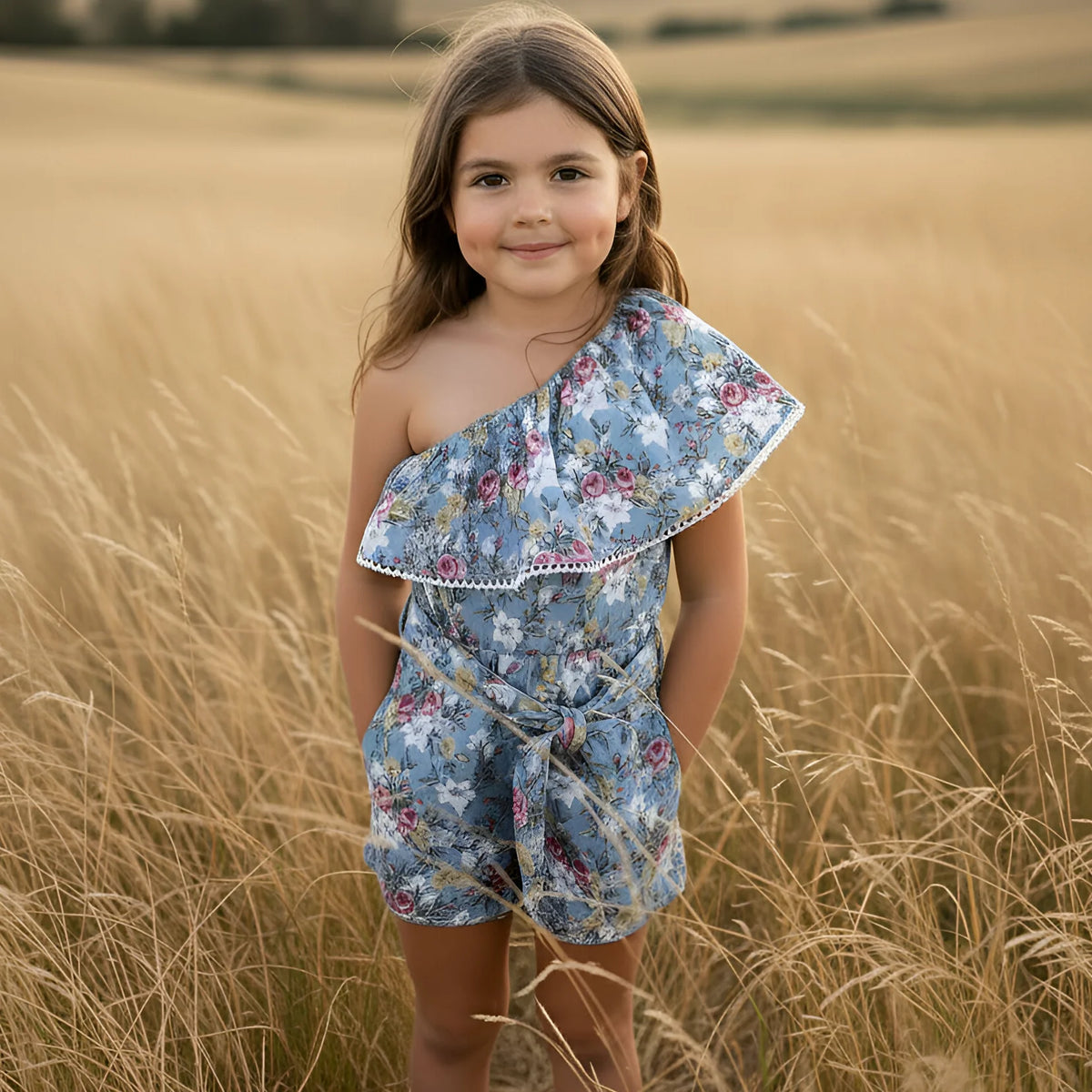 Young girl in a floral dress standing in a field of tall grass.