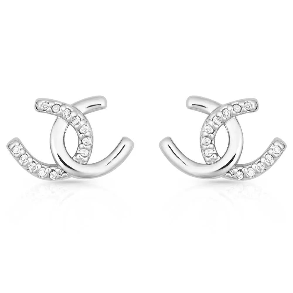 Montana Silversmiths Horseshoe Happiness Post Earrings. Silver earrings with a crescent moon design on a white background