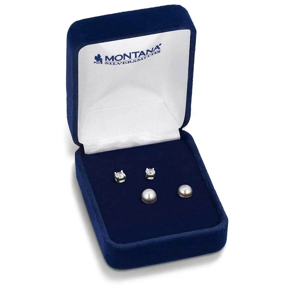 Montana Silversmith Pearl Harmony Earring Set. Set of silver earrings in a Montana Silversmiths box on a white background