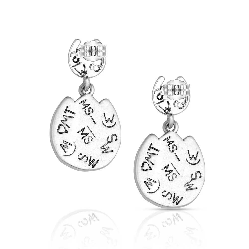 Silver earrings with white stones on a white background