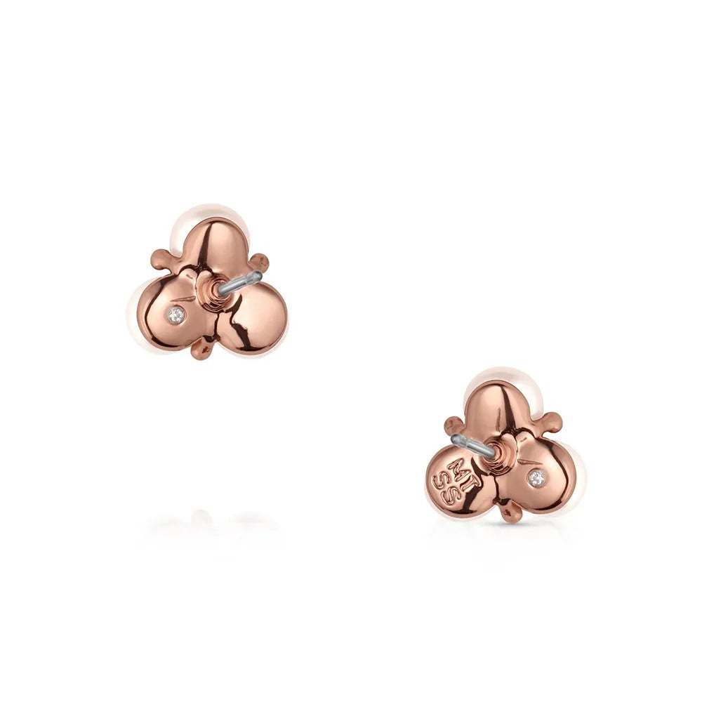 Rose gold butterfly earrings with diamond accents on a white background
