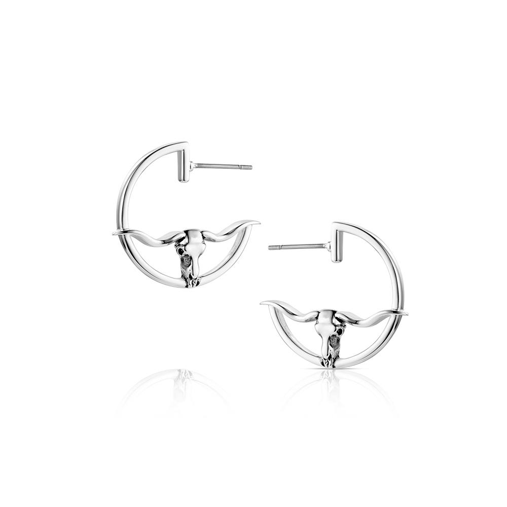Silver bull head earrings on a white background