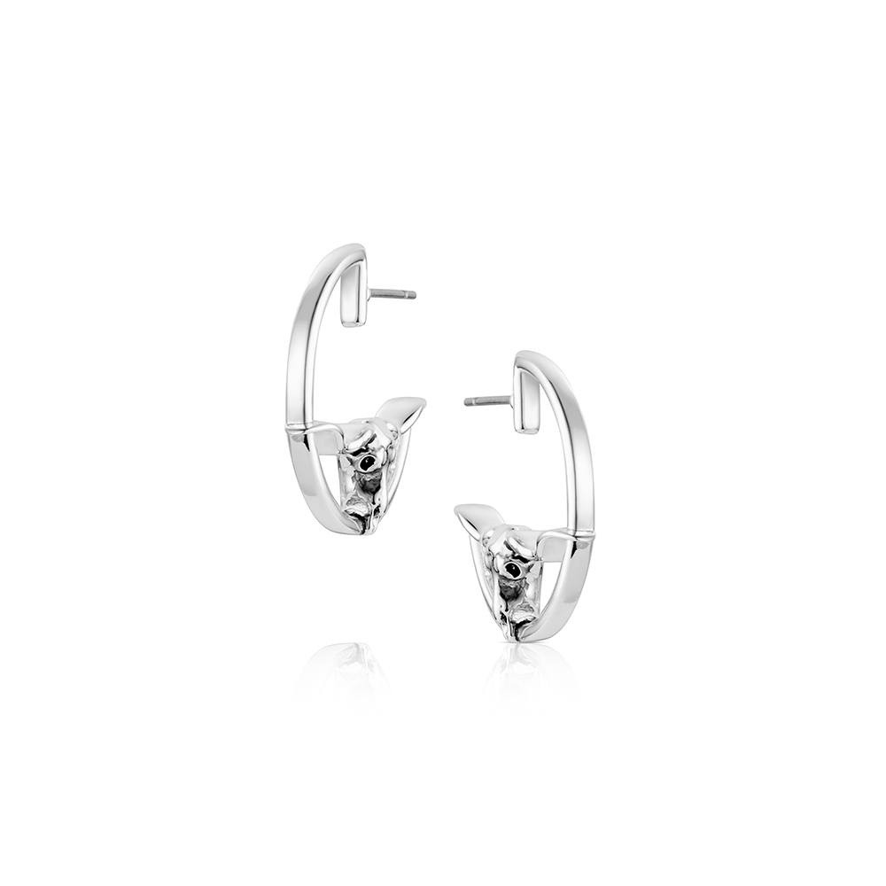 Silver hoop earrings with embedded stones on a white background