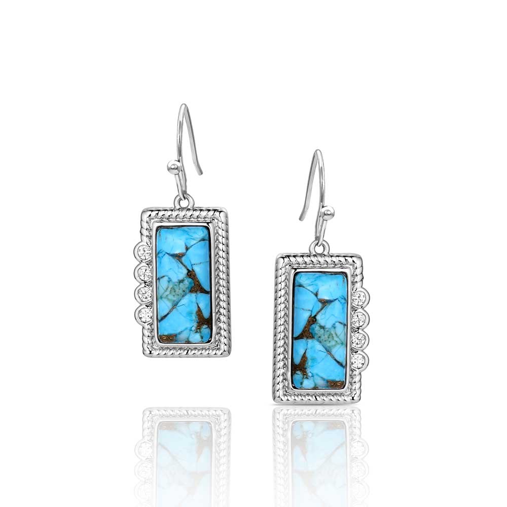Pair of earrings with turquoise stone and silver frame on a white background