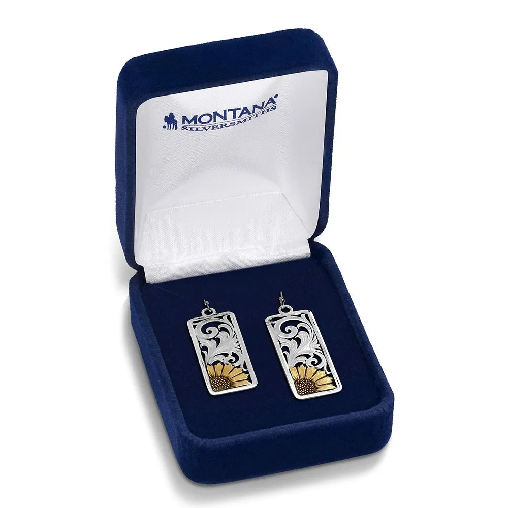 Pair of silver earrings with turquoise stones in a Montana Silversmiths box on a white background