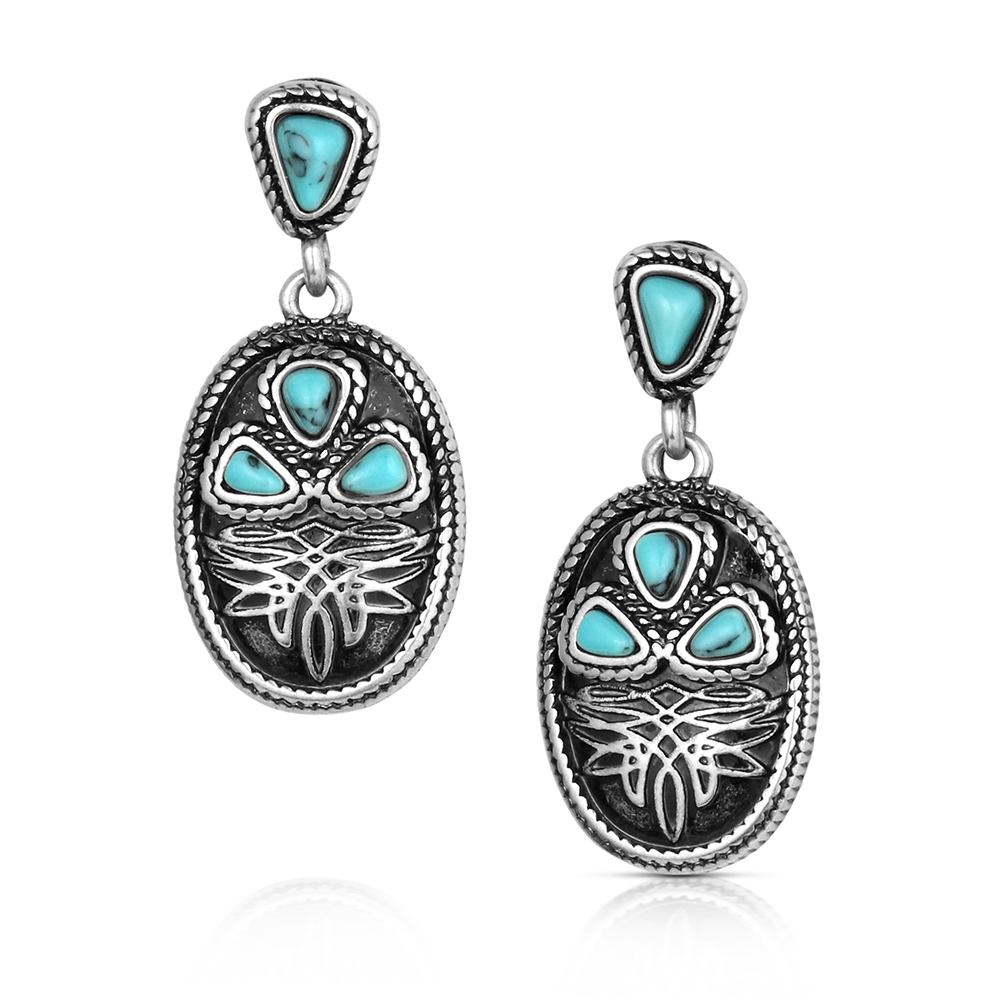 A pair of silver-toned dangle earrings with turquoise-colored stone accents, displayed on a clean white background.