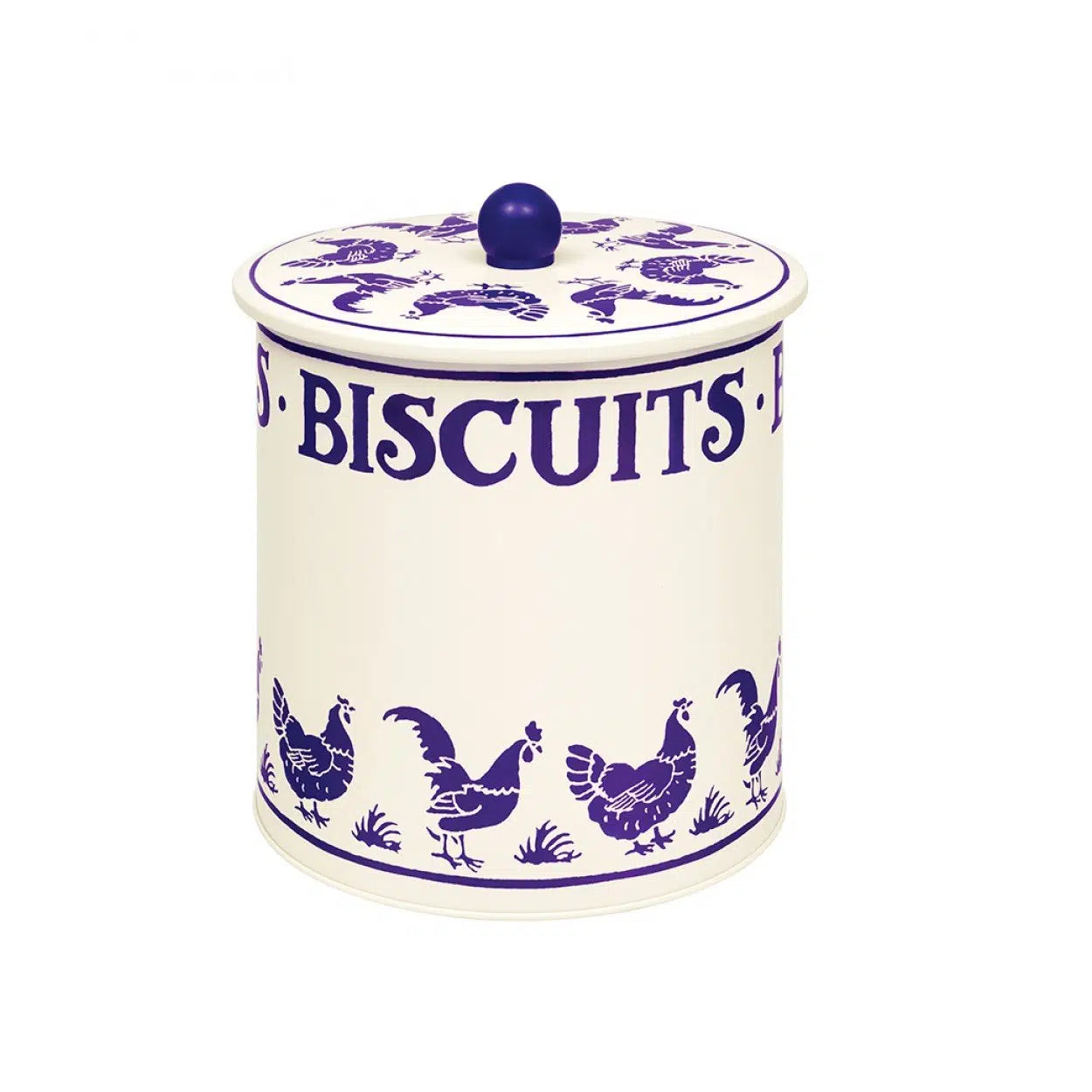 Ceramic biscuit jar with blue text and chicken illustrations on a white background