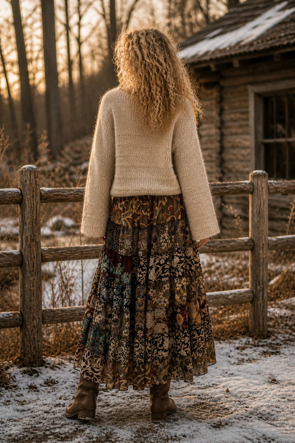 A woman stands with her back to the camera in a snowy outdoor setting, wearing a cream knit sweater and a long, multicolored floral patchwork skirt, with a rustic cabin and wooden fence in the background.