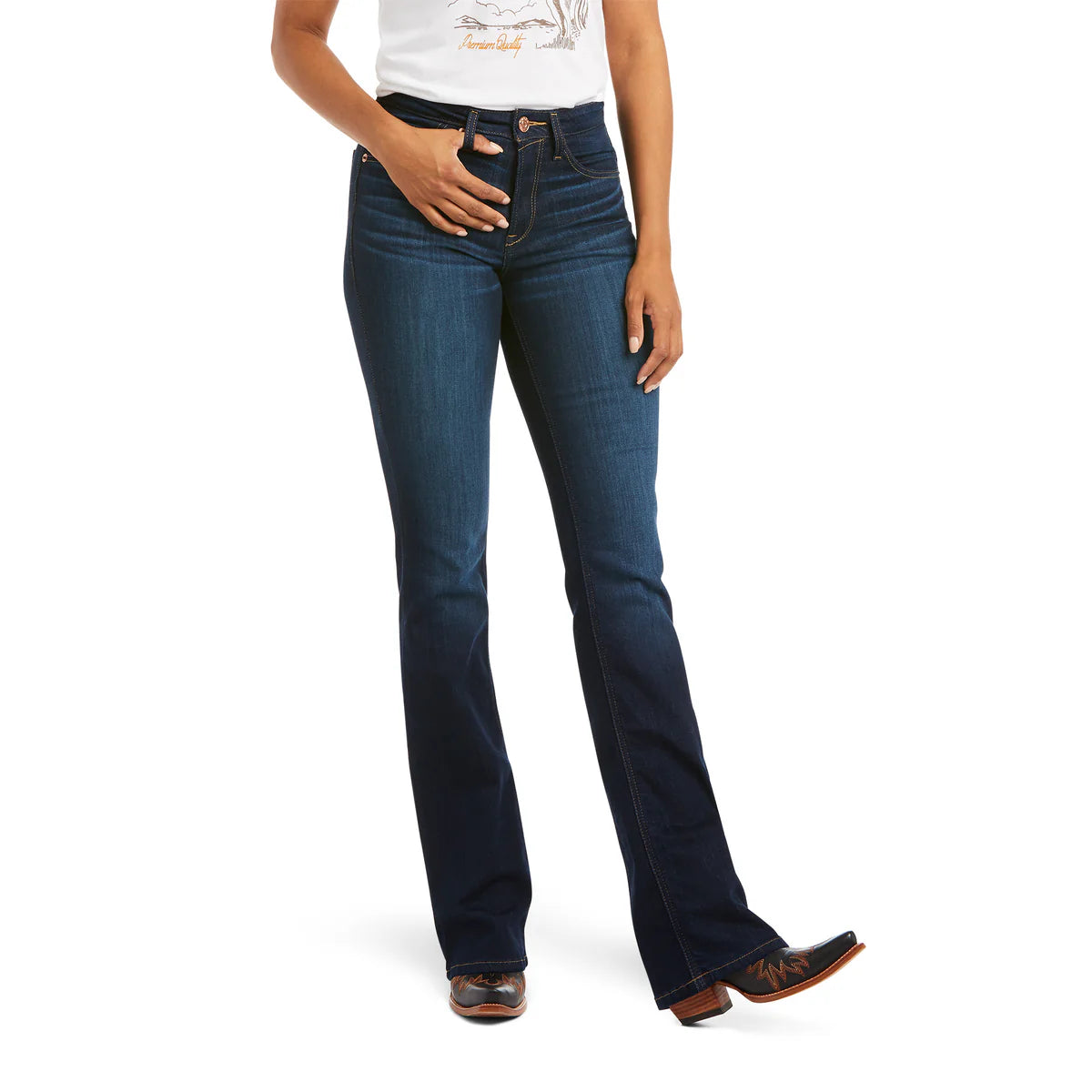 Person wearing blue jeans on a white background