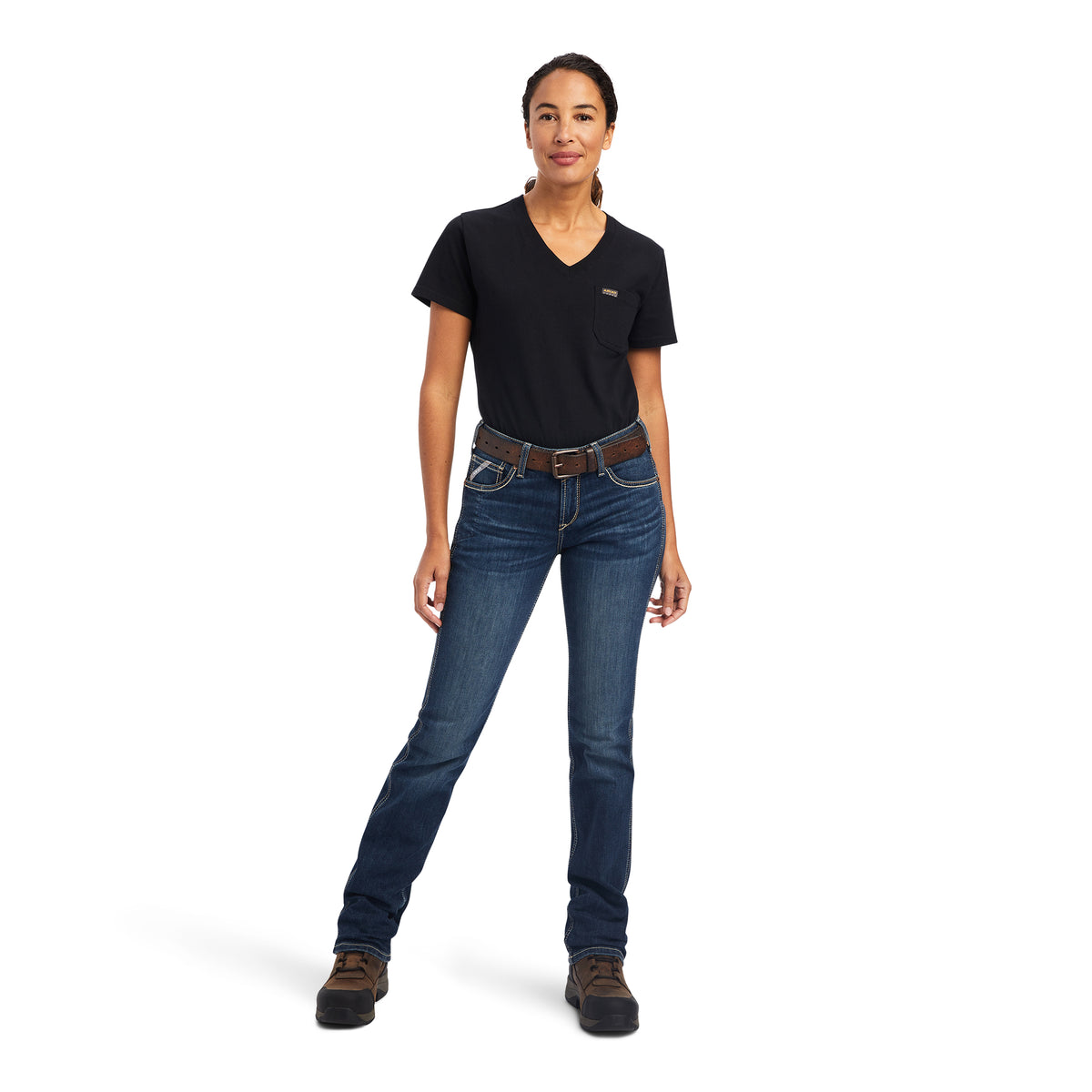 Person wearing a black t-shirt and blue jeans on a white background