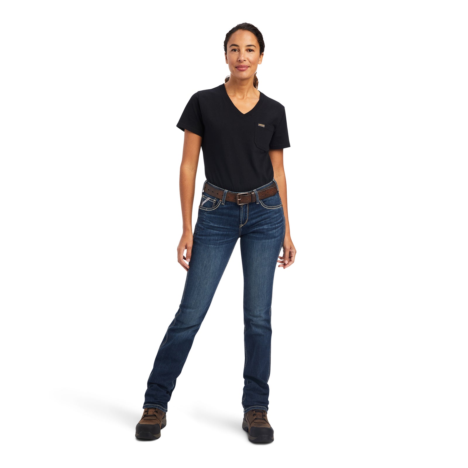 Person wearing a black t-shirt and blue jeans on a white background