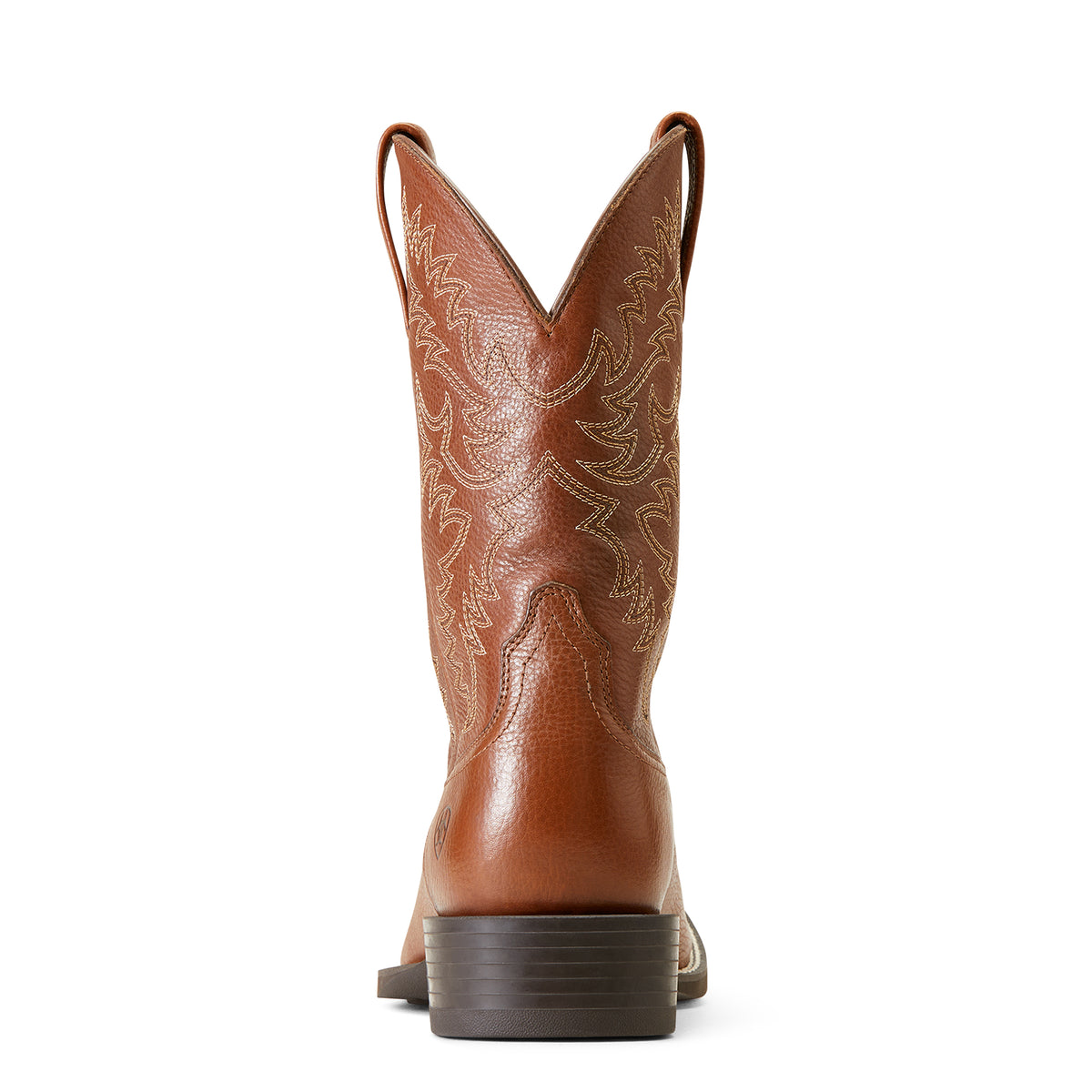 Brown cowboy boot with intricate stitching on a white background. 