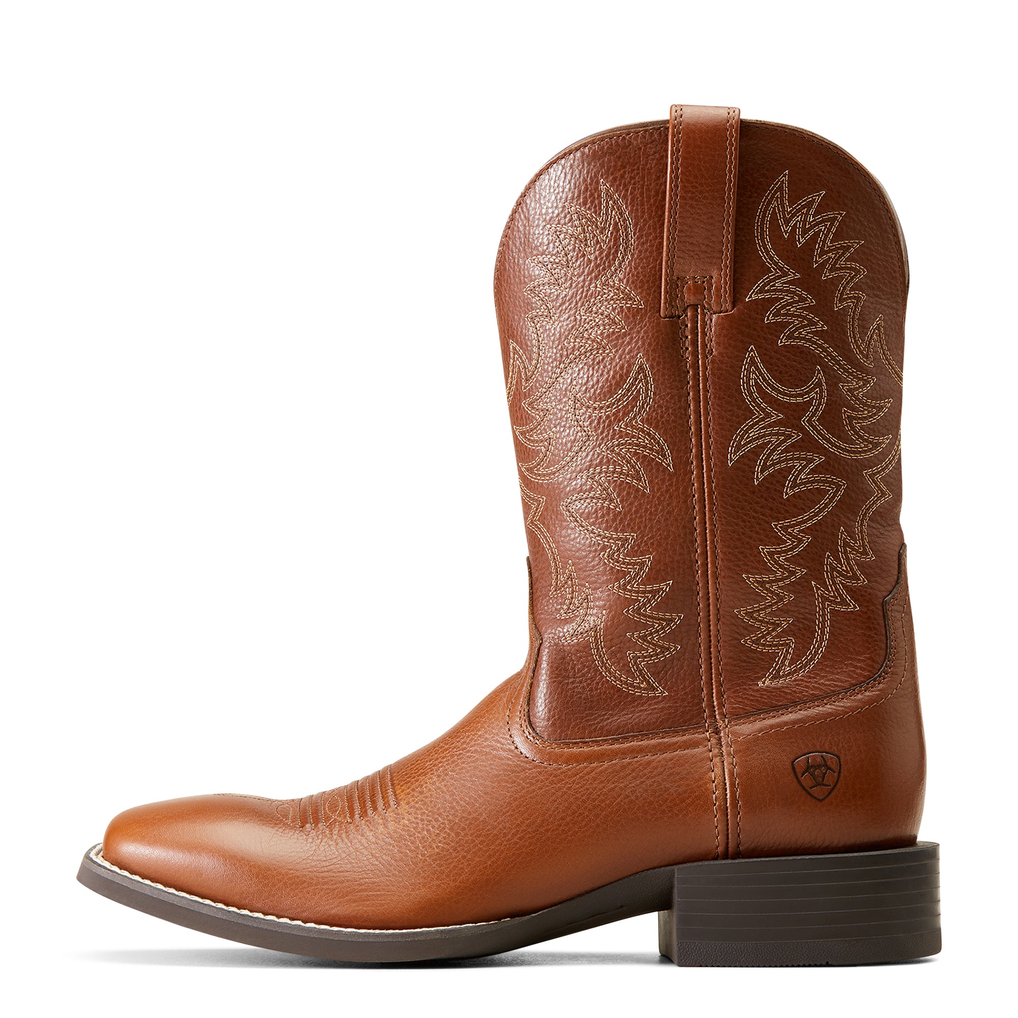 Ariat Men's Sport Latigo Western Boot. Brown cowboy boot with intricate stitching on a white background