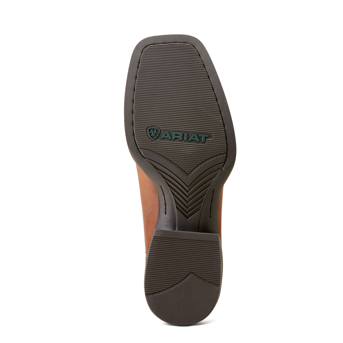 Ariat Men's Sport Latigo Western Boot. Close-up of a boot sole with Ariat logo on a white background