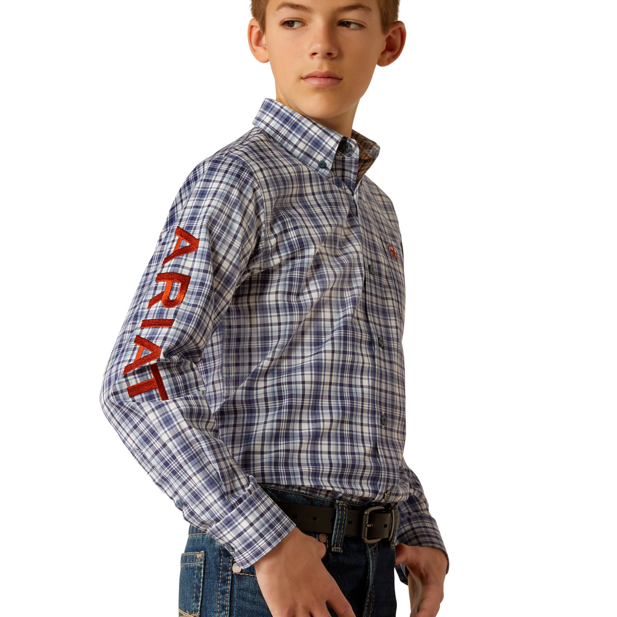 Ariat Boy's Pro Series Team Orion L/S Western Shirt. Child wearing a plaid shirt with red lettering on a white background