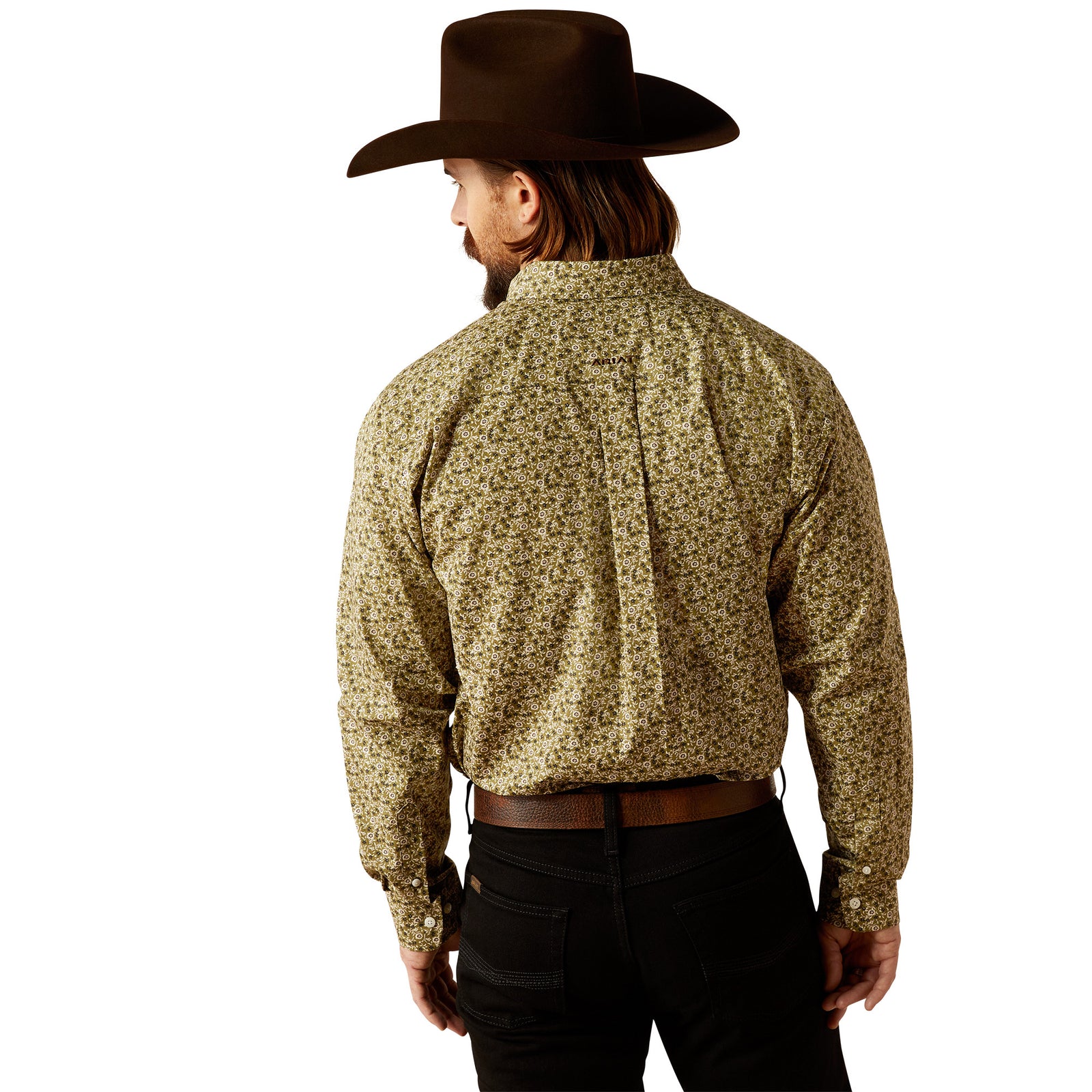 Ariat Men's Wrinkle Free Filmore L/S Western Shirt. Person wearing a patterned Western-style shirt and cowboy hat.