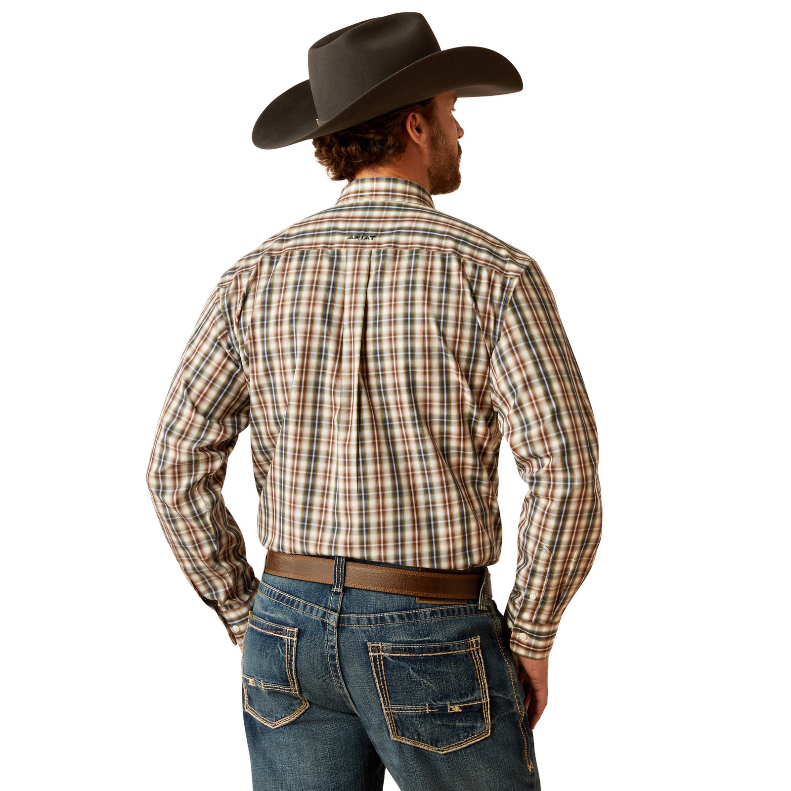 Ariat Men's Wrinkle Free Folk L/S Western Shirt. Person wearing a plaid shirt and cowboy hat from the back.
