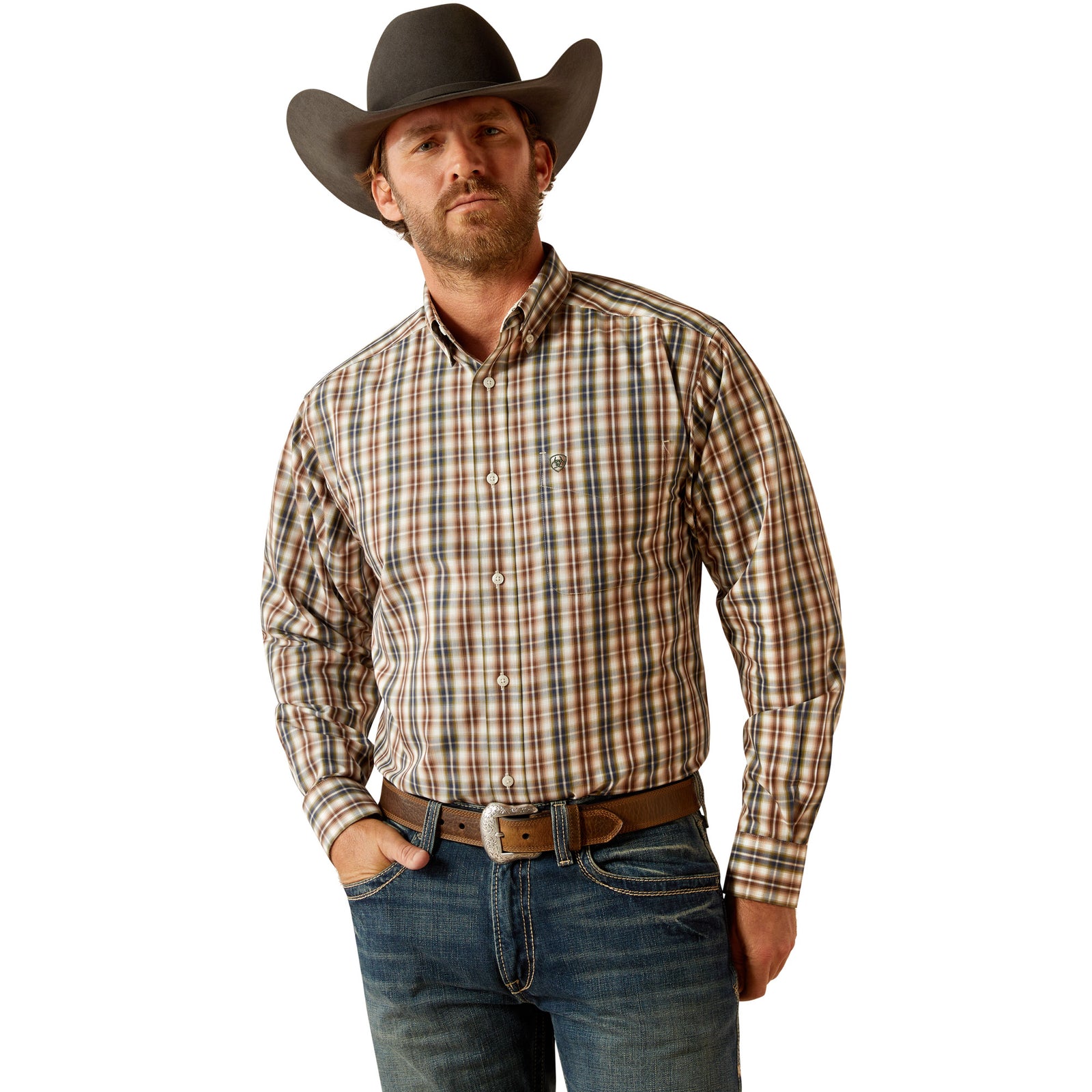 Ariat Men's Wrinkle Free Folk L/S Western Shirt. A man wearing a long-sleeved plaid Western shirt in brown and blue, with a cowboy hat and blue jeans.