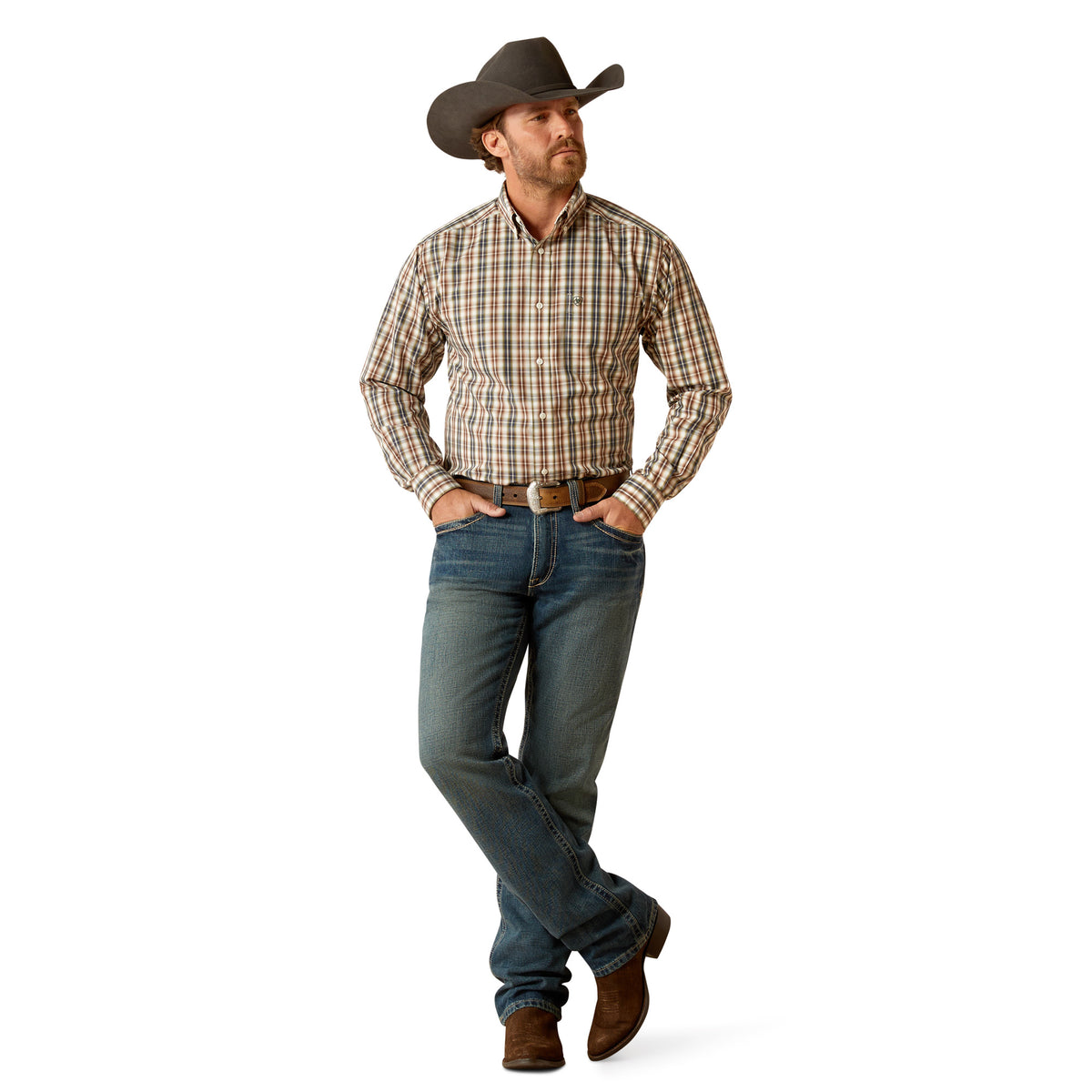 Ariat Men's Wrinkle Free Folk L/S Western Shirt. Man wearing a plaid shirt and cowboy hat on a white background